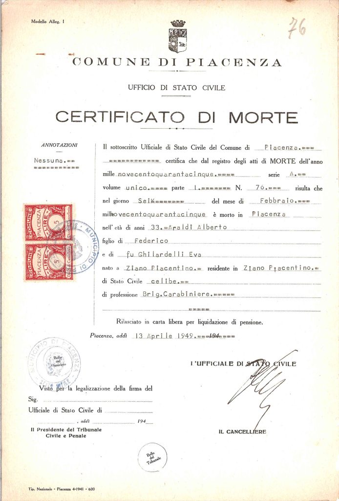 Certificato di morte di Alberto Araldi rilasciato dal Comune di Piacenza